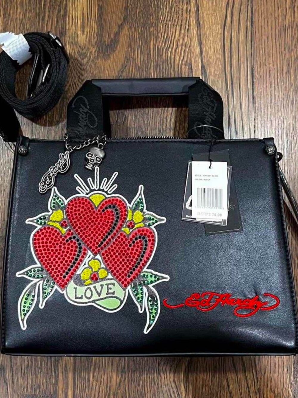 ed hardy squared tote bag (embroidered logo + charms) purse shoulder strap y2k